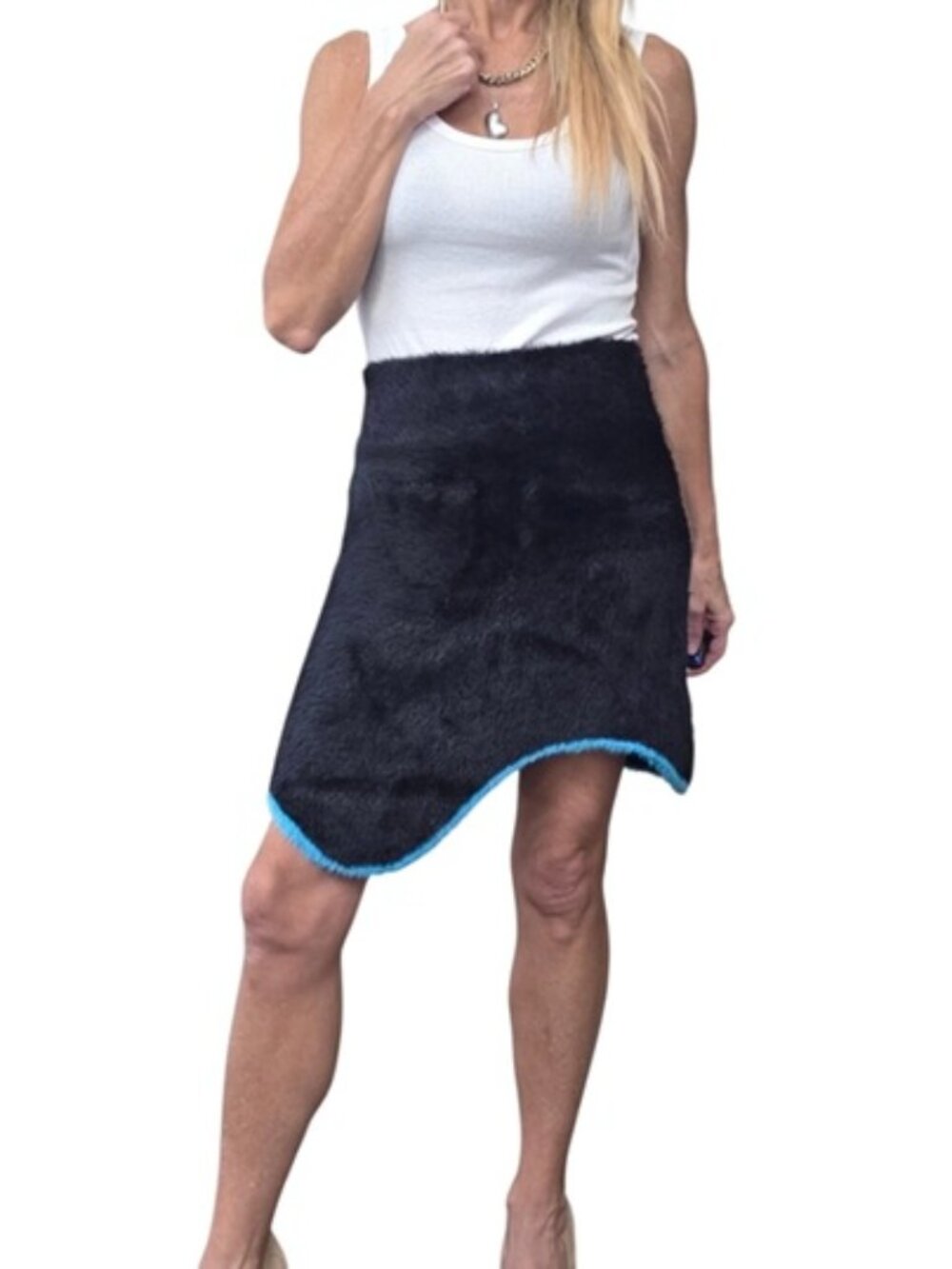 PH5 Faux Fur Wavy Asymmetric Mini Skirt Black Turquoise Size M